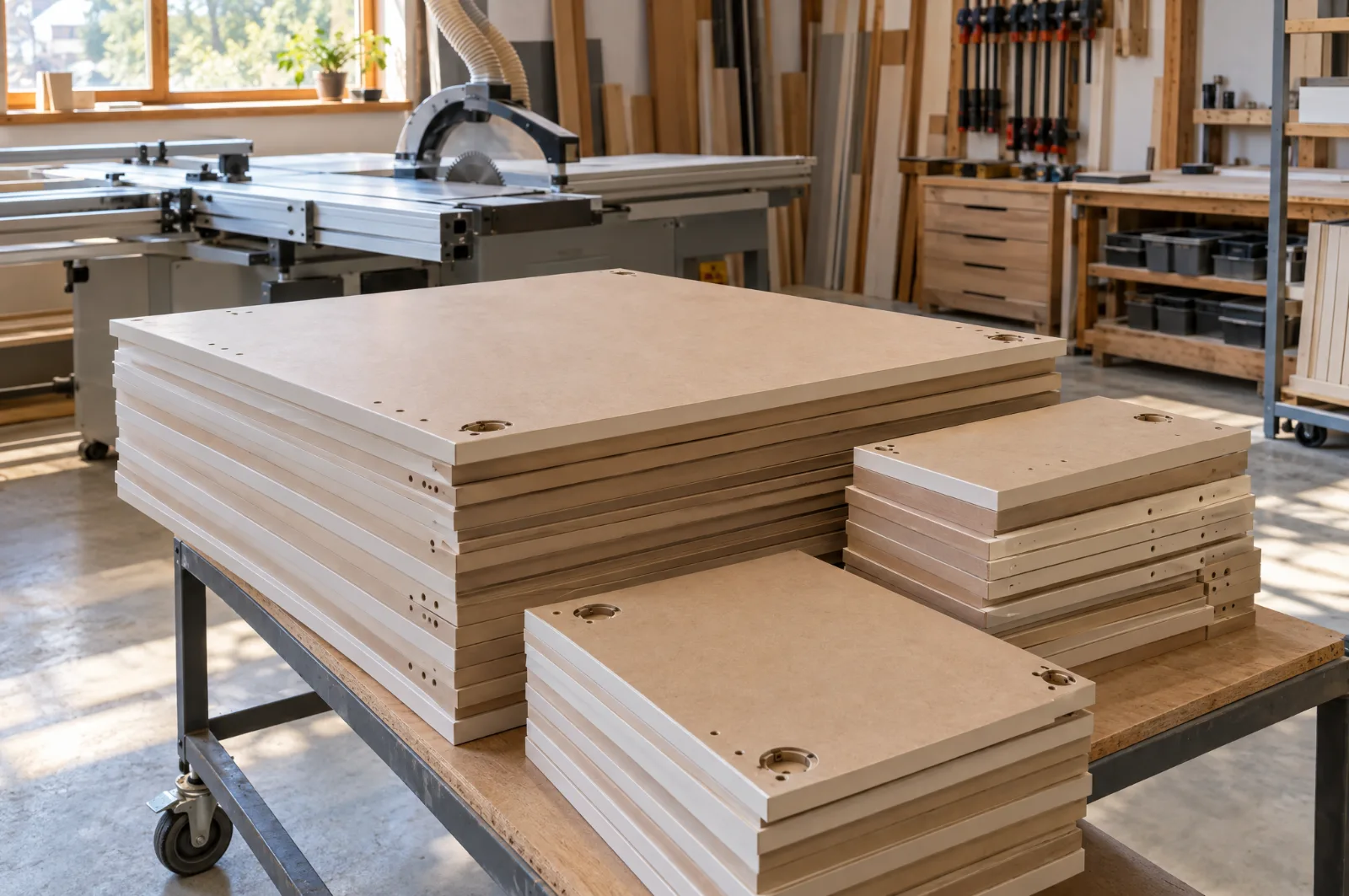 Atölyede kenar bandı çekilmiş 18 mm MDF dolap panelleri