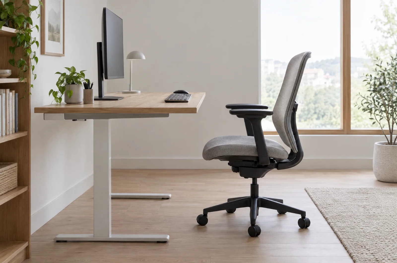 Ergonomik çalışma masası düzeni: monitörün üst kenarı göz hizasında, geniş diz boşluğu