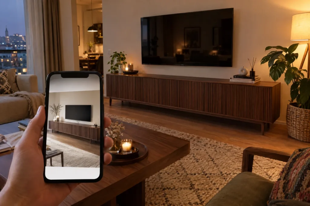 Telefonda beğenilen TV ünitesi fotoğrafı ve arkada salonda benzer tasarımda TV ünitesi