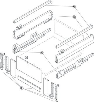 Çift Yanaklı Çekmece Sistemi, Häfele Matrix Box P, Bordürlü İç Çekmece Seti, cam ön profilli, 18 mm Ahşap Kalınlığı İçin