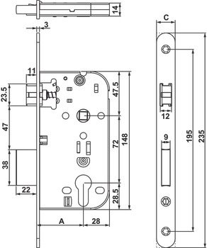 Gömme Kapı Kilidi, Özel Dilli Kilit, Häfele PC / Barelli Tip, H50.07, 50mm Seren Mesafeli – Klt p.ç.mt.50/20mm – görsel