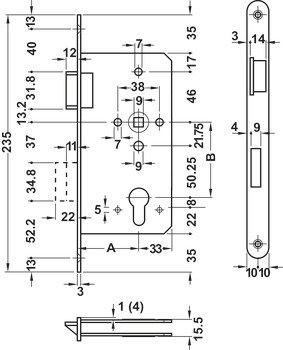 Gömme kilit, yangına dayanıklı dış kapılar için, sınıf 4, profil silindir – H55.12 Göm.kilit F PC siyah 55/20mm sol – gö