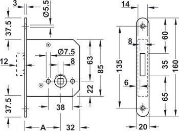 Gömme sürgülü kilit, menteşeli kapılar için, Startec, banyo/WC, seren mesafesi 55 mm – H55.07 Göm.sürgü p.ç.mt 55/20mm –