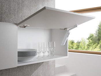 Kalkar kapak makası, Häfele Free kapak H 1.5 – metal destek kollu plastik, iki taraflı uygulama için çift set – F.FLAP m