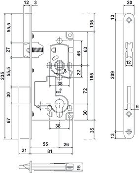 Metal Dilli Gömme Kapı Kilidi, Häfele DUO, PC (Barelli Tip), 55 mm Seren Mesafeli – kilit parlak nikel 55/20mm – görsel