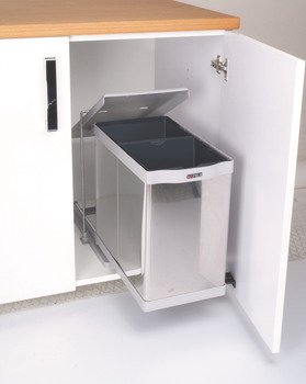 Otomatik açma kollu çöp kutusu, Häfele CLEVER D, çift hazneli, 14+14 litre, min. 350 mm – p. çel 14+14l 35cm