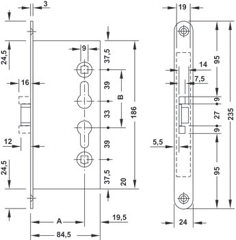 Yangın Dayanımlı Gömme Kapı Kilidi, Häfele H65.02, Mızraklı, PC (Barelli Tip), 65 mm Seren Mesafeli – kilit mat 65/24mm