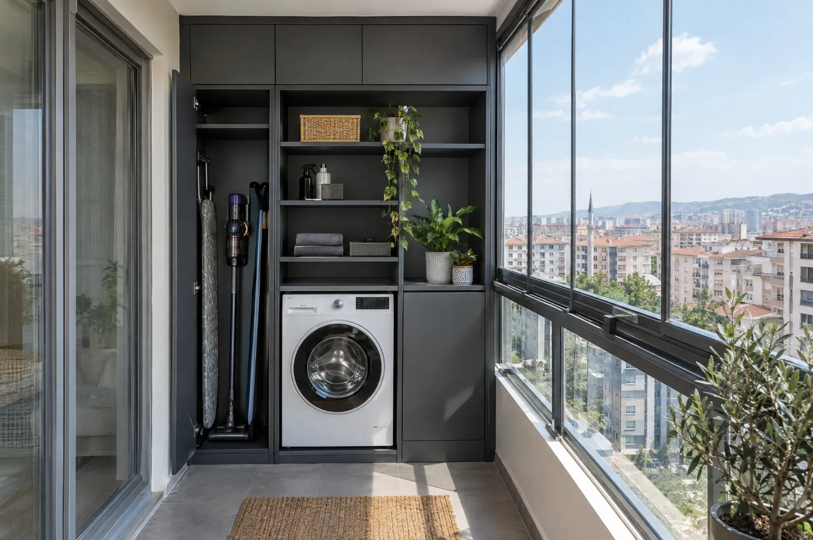 Kapalı balkonda süpürge bölmeli, raflı ve çamaşır makinesi nişli balkon dolabı