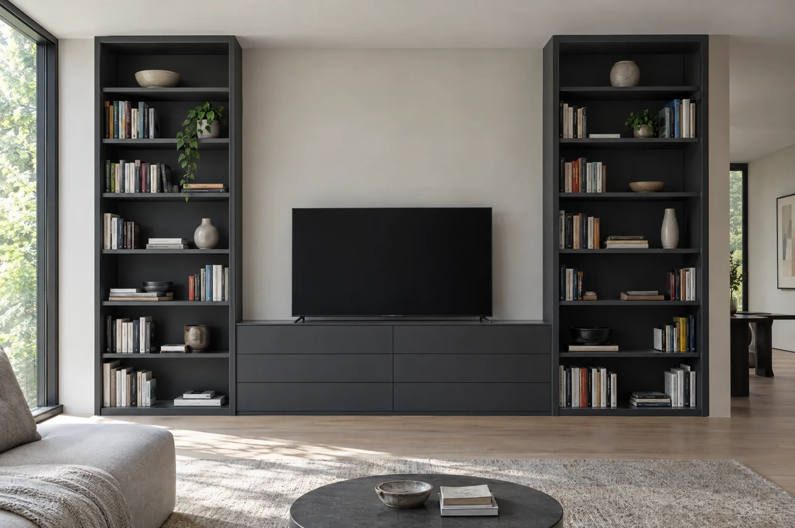 İki yanı yerden tavana kitaplıklı antrasit TV duvar ünitesi