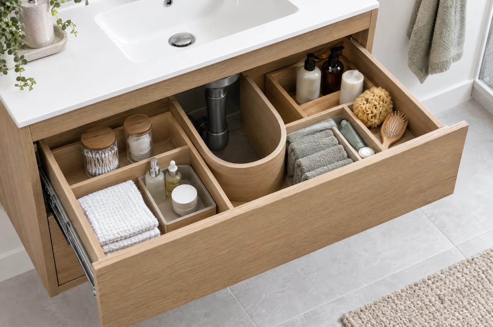 Lavabo altı çekmecede sifonun etrafından dolaşan U kesim