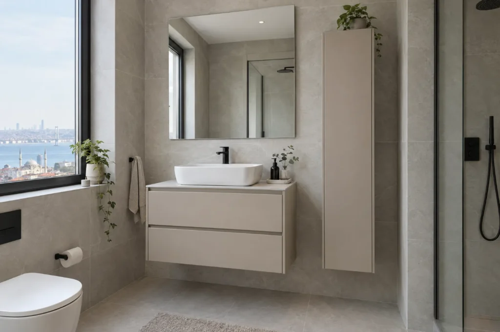 Lavabo altı dolap ve dar boy dolabıyla modern banyo