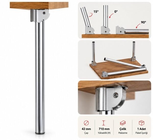 Tempo Katlanır Masa Ayağı Krom 71 cm Çap 42 mm Çelik Metal Mobilya Ayağı (1 Adet)