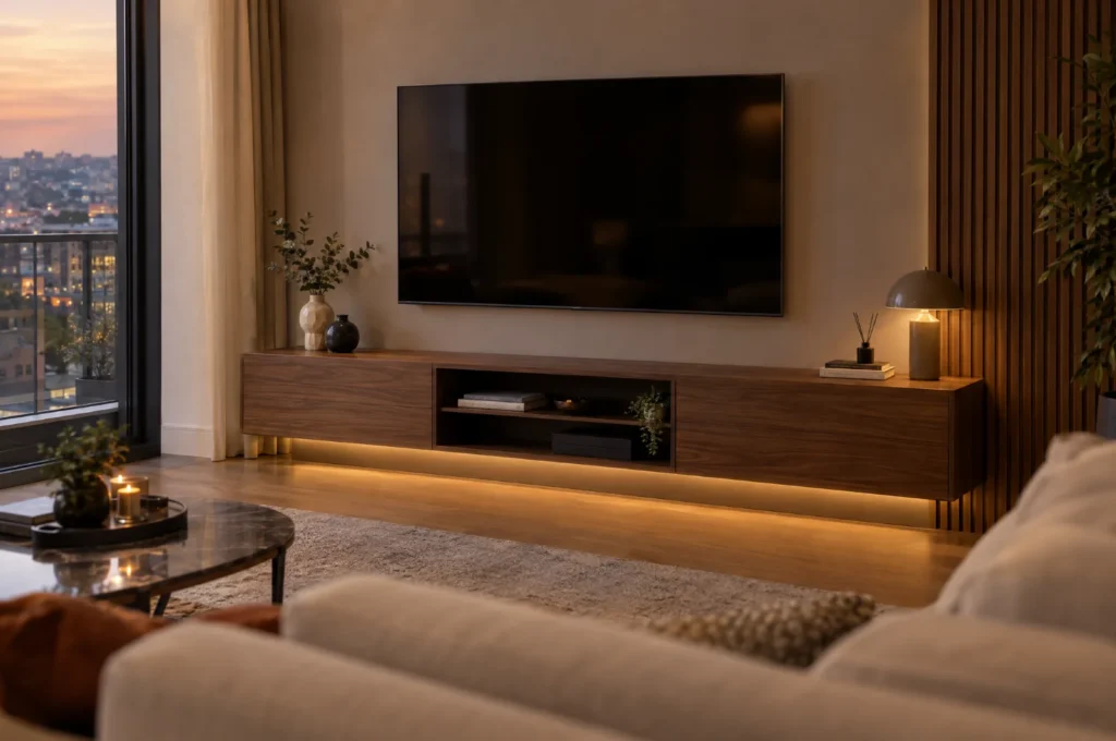 Duvara asılı 65 inç televizyonun altında yaklaşık 200 cm ceviz desenli TV ünitesi